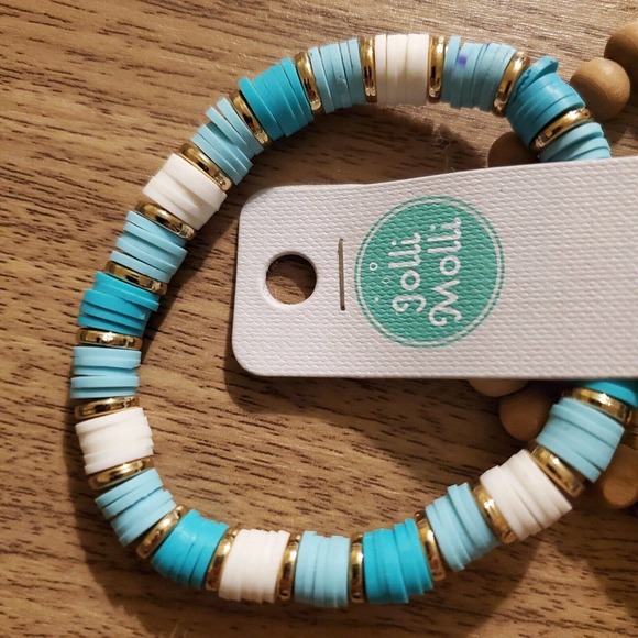 Jolli Molli Bracelet Beaded Turquoise White Brown Gold Stretch Jewelry - Picture 5 of 6
